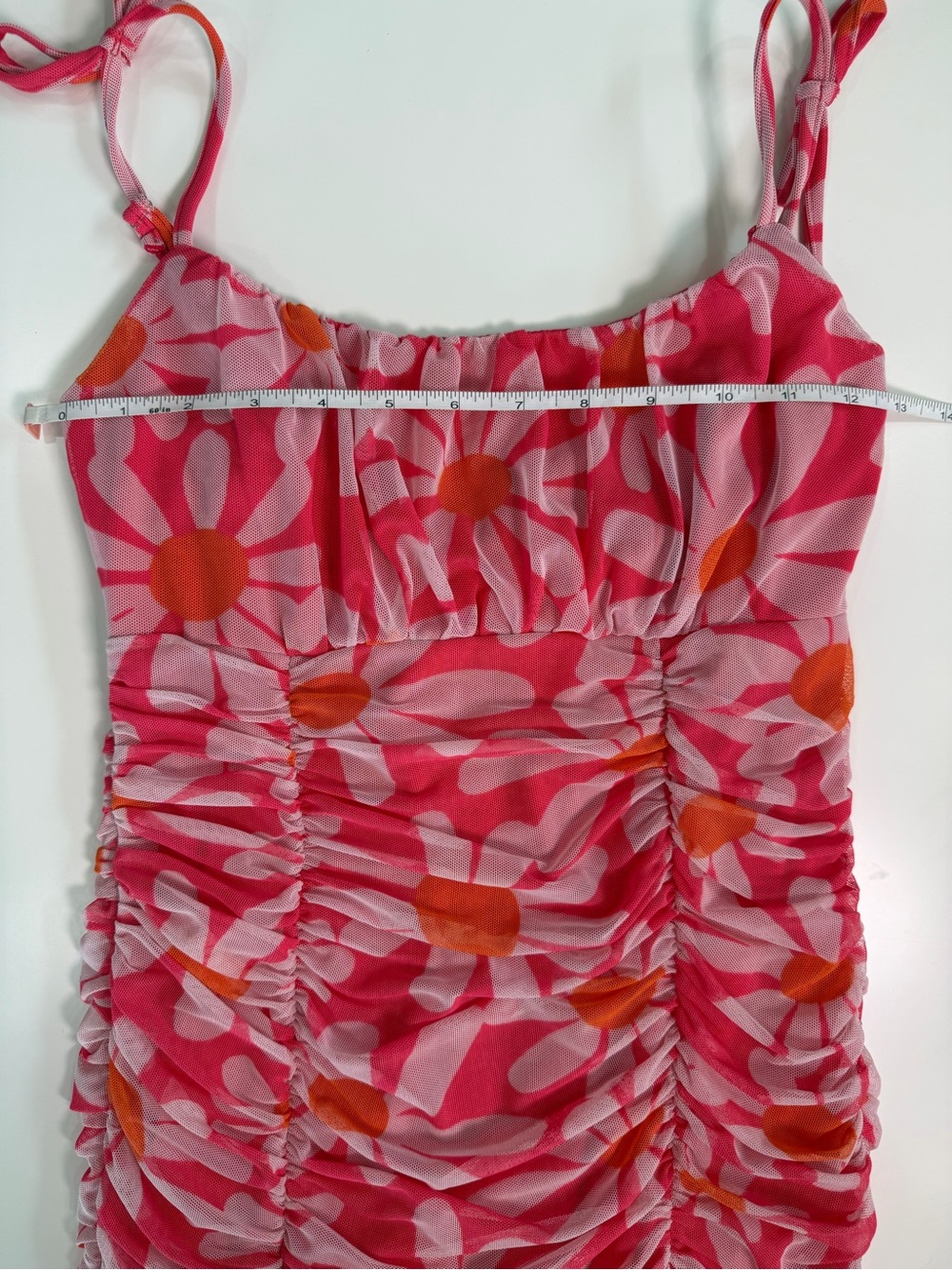 Midnight Doll Floral Daisy Mini Dress Ruched Tie Strap Size Medium Retro - Picture 6 of 9